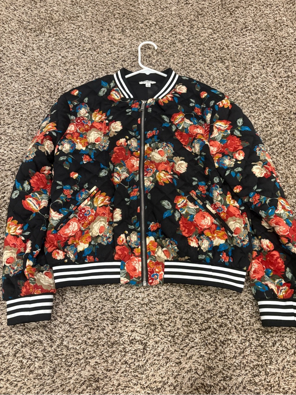 Umgee Black Floral Quilted Bomber Jacket with Red Accents